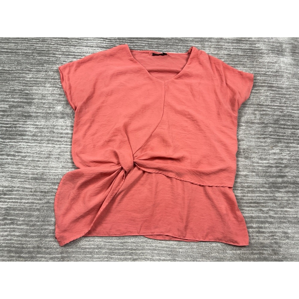 a.n.a Blouse Womens XL Coral Pink Front Knot V-Neck Short Sleeve Textured Top